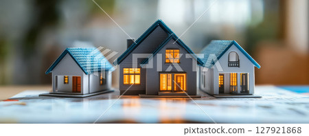Miniature houses with blue roofs and glowing windows, symbolizing real estate investment 127921868