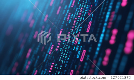 Digital background featuring flowing binary code vibrant blue and pink hues, creating futuristic 127921873