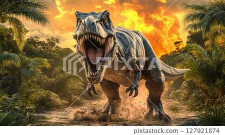 Fierce dinosaur roaring in lush jungle, surrounded by palm trees and explosive background 127921874
