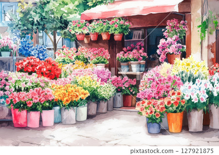 Charming flower shop filled with vibrant blooms in colorful pots, creating joyful atmosphere Charming flower shop filled with vibrant blooms in colorful pots, creating joyful atmosphere 127921875