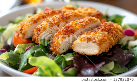 Crispy chicken cutlet served on bed of fresh salad with vibrant vegetables and greens Crispy chicken cutlet served on bed of fresh salad with vibrant vegetables and greens 127921876