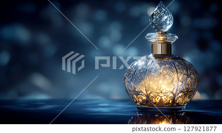 Luxurious perfume bottle with intricate design and golden accents, radiating elegance Luxurious perfume bottle with intricate design and golden accents, radiating elegance 127921877