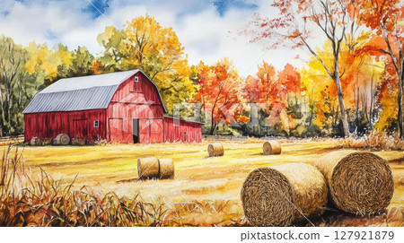 Vibrant watercolor painting of red barn surrounded by golden hay bales colorful autumn landscape 127921879
