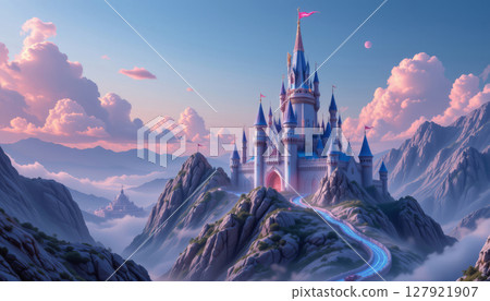 Majestic fantasy castle surrounded by mountains and clouds, glowing in sunset 127921907