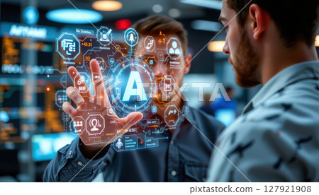 Man interacting with AI holographic display, showcasing technology and innovation 127921908