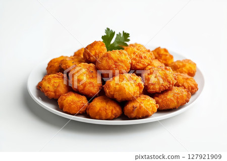 Delicious crispy pakora snacks arranged on white plate, perfect for sharing and enjoying 127921909