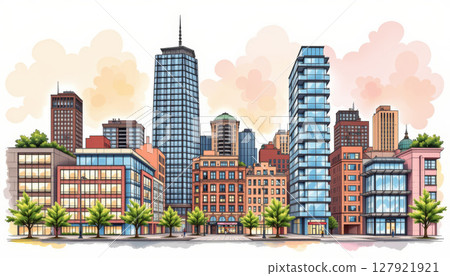 Vibrant hand drawn urban cityscape illustration featuring modern and classic buildings, showcasing lively atmosphere 127921921