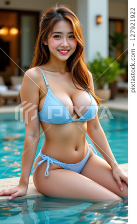 A beautiful young woman in a light blue bikini poses by a luxurious poolside under the sun. With long flowing hair and a radiant smile 127921922