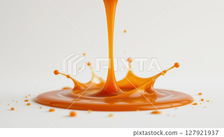 Smooth caramel sauce splash creates vibrant orange crown on white background, evoking sense of sweetness and indulgence 127921937