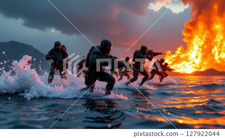 Elite task force storming coastline during fiery explosion at sunset 127922044
