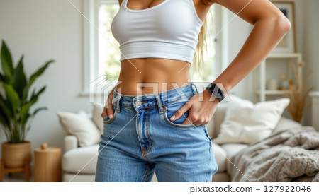 Empowered woman showcasing confidence in casual outfit with stylish jeans 127922046