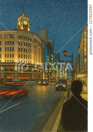 銀座的夜晚：鐘樓與街道的插畫風景 127922097