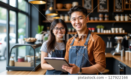 Happy small business owners in cozy cafe, showcasing their success and teamwork with tablet Happy small business owners in cozy cafe, showcasing their success and teamwork with tablet 127922166