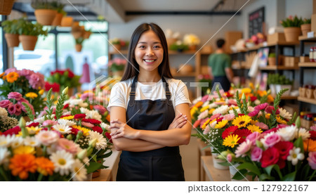 Young woman stands confidently vibrant flower shop, surrounded by colorful floral arrangements. Her smile reflects joy Young woman stands confidently vibrant flower shop, surrounded by colorful floral arrangements. Her smile reflects joy 127922167
