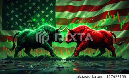 Stock market bull and bear facing off with American flag background, symbolizing financial competition and market trends Stock market bull and bear facing off with American flag background, symbolizing financial competition and market trends 127922169