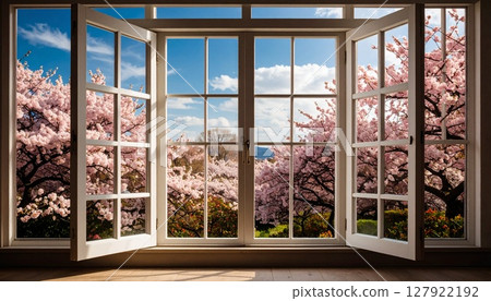 Cherry blossoms in full bloom and blue sky 127922192
