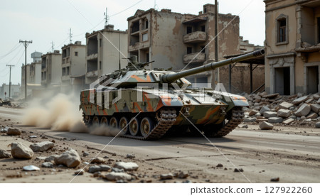 Modern military tank advancing through war torn urban landscape, showcasing strength Modern military tank advancing through war torn urban landscape, showcasing strength 127922260