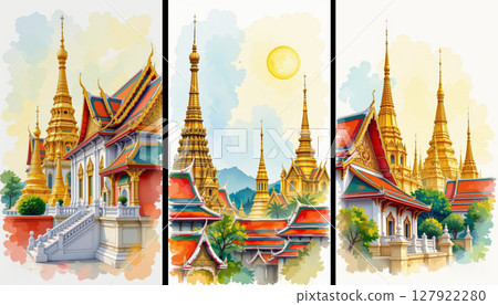Watercolor painting of Bangkok grand temples showcases stunning architecture and vibrant colors 127922280