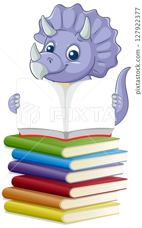 Cute Dinosaur Reading on Colorful Book Stack Cute Dinosaur Reading on Colorful Book Stack 127922377