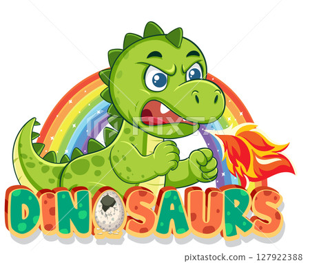 Colorful Dinosaur Breathing Fire with Rainbow Background Colorful Dinosaur Breathing Fire with Rainbow Background 127922388