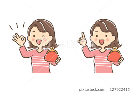 A young woman holding a purse (OK sign, pointing) 127922415