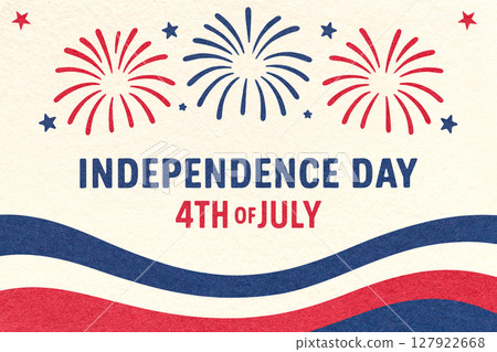 4th of July, Independence Day vintage greeting card with wavy ribbon and fireworks in flat paper texture design 127922668