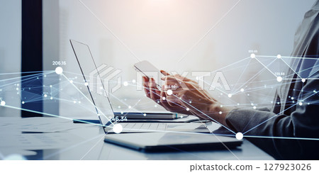 Communication network concept with business people using digital devices in office Communication network concept with business people using digital devices in office 127923026