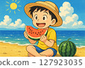 Boy eating watermelon on the beach in summer 127923035