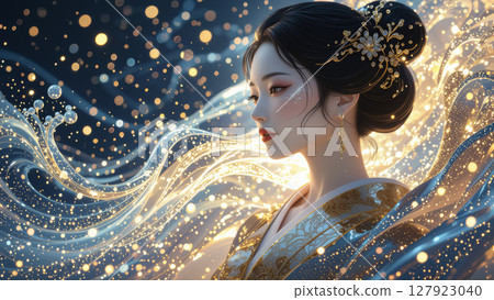 一幅精美的插圖，描繪了一位身著傳統服裝的優雅亞洲女性，周圍環繞著燈光 127923040