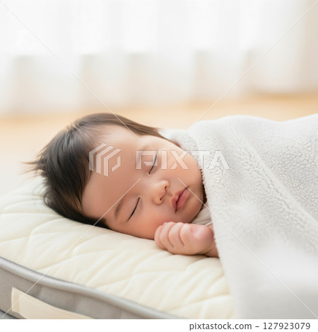 Baby sleeping on a mat 127923079