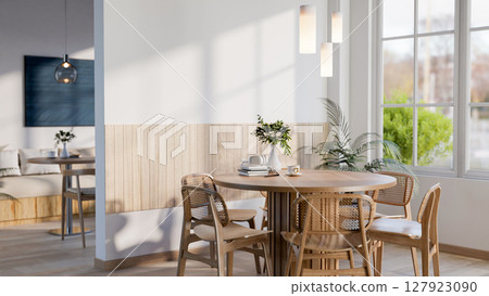 The set of wooden table and chairs next to the glass window in a cafe or restaurant. Cosy Interior. 127923090