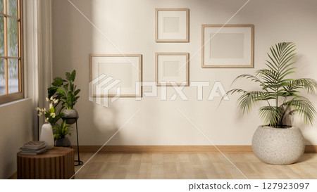Empty wooden frames hanging on white wall in corner of living room or corridor. Gallery photo wall. Empty wooden frames hanging on white wall in corner of living room or corridor. Gallery photo wall. 127923097