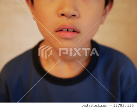 Front face of boy with open mouth Front face of boy with open mouth 127923136