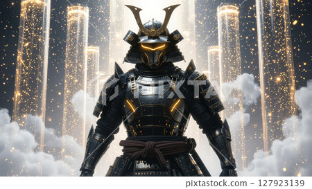 網路風格的裝甲戰士站在閃亮的未來主義背景中 127923139