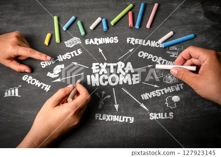 EXTRA INCOME. Illustration with icons, arrows and keywords on a black chalkboard background EXTRA INCOME. Illustration with icons, arrows and keywords on a black chalkboard background 127923145