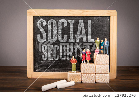 Social Security Concept with Chalkboard and Miniature People Representing Public Support System 127923276