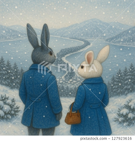 Enjoying the view of a bridge over the sky - Anthropomorphic illustration of a rabbit wearing a blue coat Generative AI 127923616