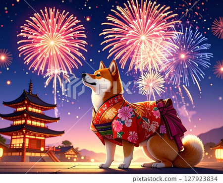一隻穿著和服和煙火的狗的插圖 127923834