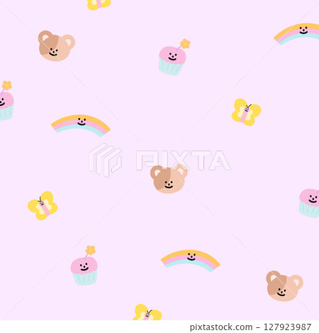 Illustration of teddy bear, cupcake, butterfly on pastel background for wallpaper, backdrop, spring, summer, fabric, garment, textile, duvet, pyjamas, paper, book cover, animal print, Valentine's Day 127923987