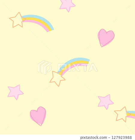 Illustration of rainbow, star, heart on yellow background for wallpaper, backdrop, floral print, spring and summer, fabric, garment, textile, duvet, pyjamas, paper design, book cover, nature, garden	 127923988