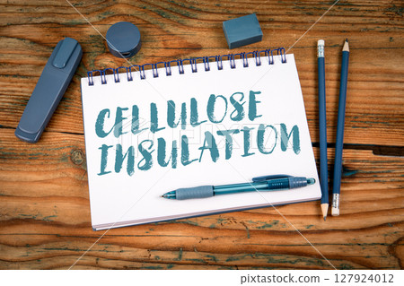 Cellulose insulation. Notepad on a wooden texture background 127924012