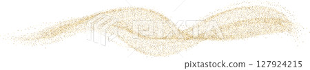 Golden glowing wave. Luxury flow with golden glitter, sparkles, spray, sand, dust Golden glowing wave. Luxury flow with golden glitter, sparkles, spray, sand, dust 127924215