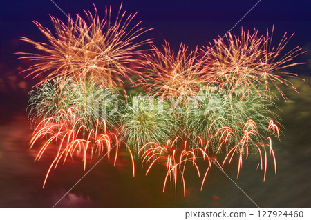 Fireworks celebration and the city night light background. 127924460