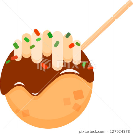 Illustration of takoyaki with a toothpick stuck in it 127924578