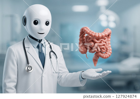 AI generated realistic doctor robot holding digital small intestine in bright hospital room with sci fi blue glow background 127924874