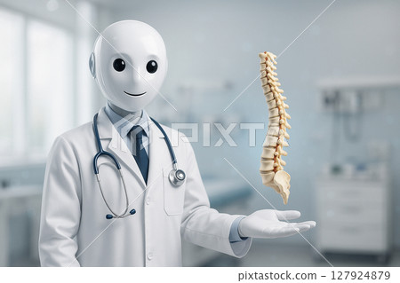 AI generated futuristic medical robot in white coat holding realistic human spinal cord with digital hospital background in clean light tone 127924879