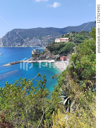 Beach and sea, mountains, Italy. Nature of the Ligurian coast and vacation, Cinque Terre. Background for design. 127924991