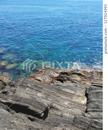 Rocks and sea, mountains, Italy. Nature of Ligurian coast and vacation. Background for design. 127924993