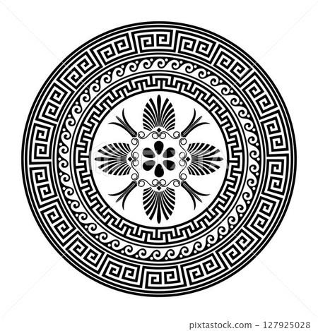 Greek round classic frame. Greek key meander border, wave meander. Circle european border. Pattern of Greece, ancient Rome. In the form of wave. Vitruvian wave. For engraving, embroidery, porcelain 127925028