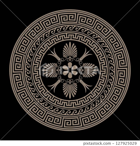 Greek round gold classic frame. Greek key meander border, wave meander. Circle european border. Pattern of Greece, ancient Rome. In the form of wave. Vitruvian wave. For engraving, embroidery, ceramic 127925029